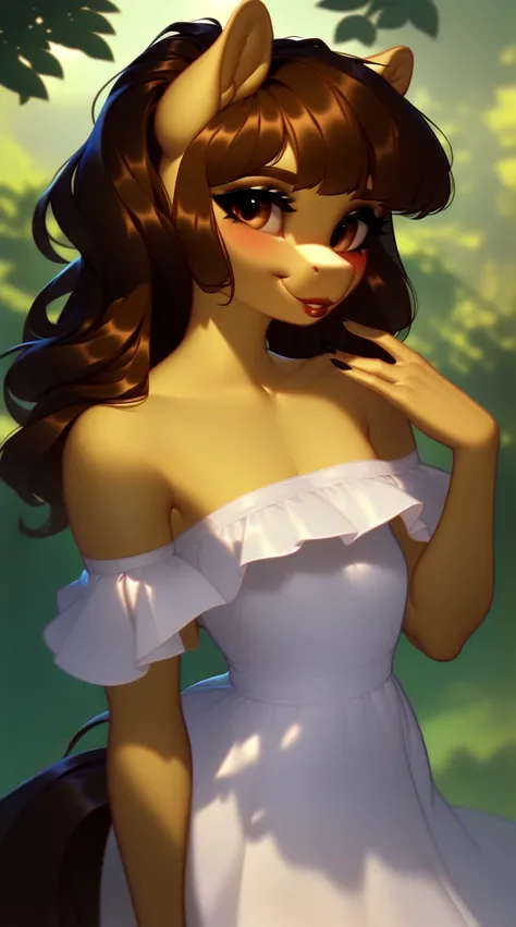 (score_9), (source_ derpibooru_p_95), (earth pony), ((anthro oc pony:1.1)), (shoulderless sun dress), very cute, blushing, cute smile, solo, realistic long brown hair, bangs, anatomically correct, flat chest, solo, curvy figure, high res, bottom lip, extre...