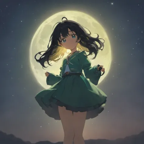 Silhouette of a girl with long black hair without bangs standing on the moon。 design。what color do you use??３Color only。White，，green，Blanche、verdant。primary color，Express the meaning of energy gathering，The meaning of energy convergence，cheerful atmosphere...