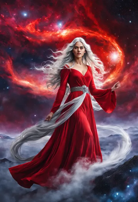 Hyper-realistic portrait of a mystical young woman with long silver hair wearing a long flowing red dress, holding the sign of Libra dramatically emerging from a collision of galaxies. Your eyes are made of glowing nebulae. Below is an Icelandic volcanic l...