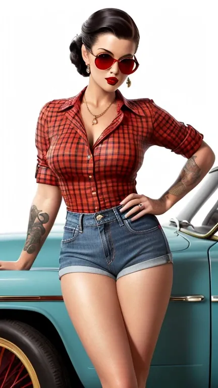 Detailed and realistic representations of a beautiful woman, radiating a distinctive pin-up style. Extremely sexy. Realist. sunglasses, dressed in a red plaid blouse and small denim shorts, white high-heeled sandals, her looks reflect the style of vintage ...