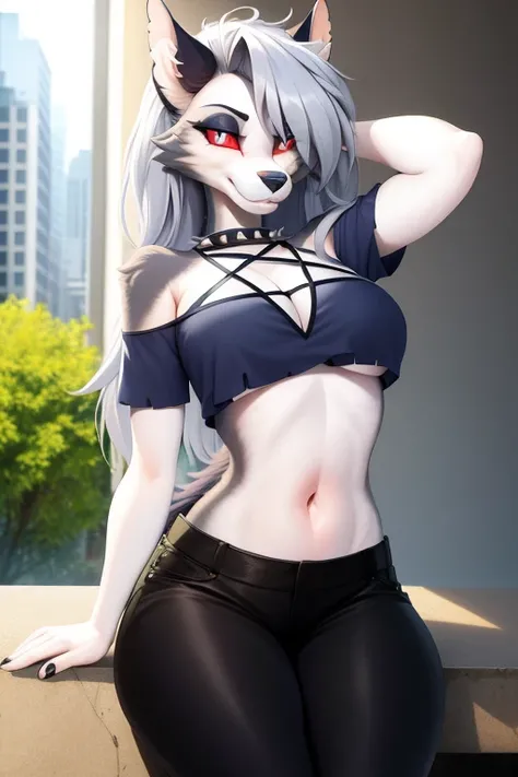 masterpiece, best quality, facial portrait of a female anthro loona hellhound, loonacroptop, detailed face, detailed eyes, cropped pupils, white eyes, red sclera, happy, tight pants, tight and detailed black leggings, [smile, [spiked necklace], pentagram],...