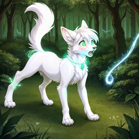 tall and slim shocked feral female coguar with white fur and glowing green eyes standing on all fours there are some traces of m...