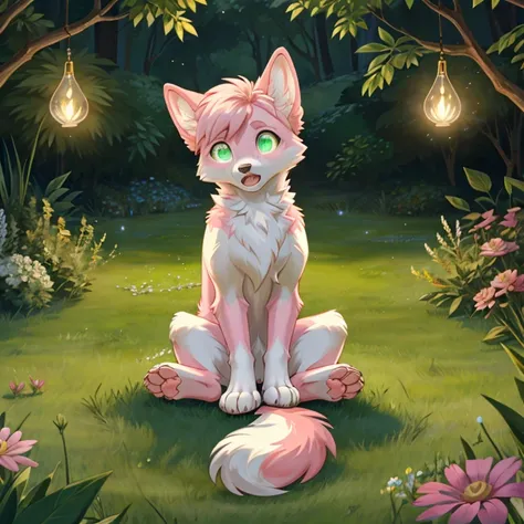 shocked feral Female dog with White and pink fur and glowing Green eyes sitting on a flor there  some traces of magic floating around her she  in a bedroom