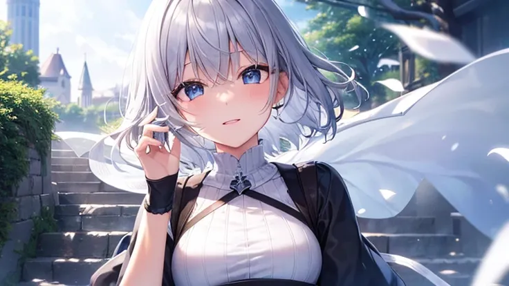 super high quality, with a girl, 20-year-old, とてもshort hair, long bangs between the eyes, pale blue eyes , blue sky, sunlight, very detailed,(masterpiece、highest quality)、alone、gray hair、laughter、White skin as clear as snow、fantasy, silver hair, black eye,...