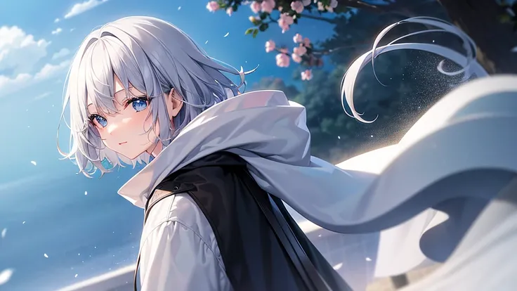 super high quality, with a girl, 20-year-old, とてもshort hair, long bangs between the eyes, pale blue eyes , blue sky, sunlight, very detailed,(masterpiece、highest quality)、alone、gray hair、laughter、White skin as clear as snow、fantasy, silver hair, black eye,...