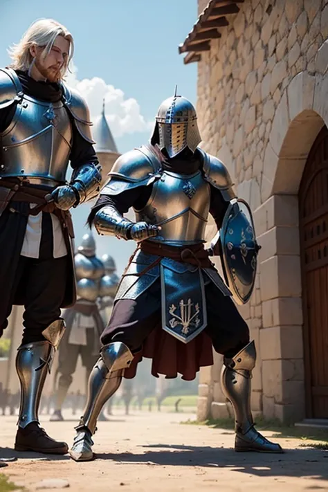 multiple men　Knights training　unified armor　unified sword and shield　medieval training ground