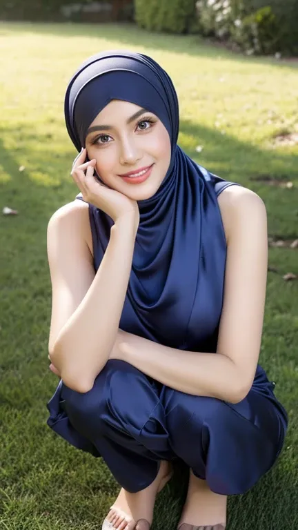 Masterpiece, realistic, best quality, best lighting, 1 pretty girl with angelic face, ((full bodyshot head to toe)), beautifully makeup, eyeshadow, Parted Lips, Detailed Eyes, beautiful big eyes, long eye lashes, smile, wearing ((Dark blue satin headscarf)...