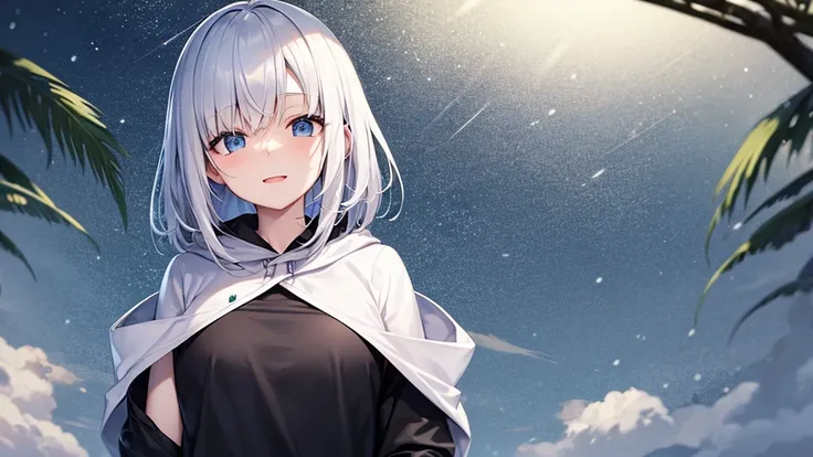 super high quality, with a girl, 20-year-old, very short hair, long bangs between the eyes, pale blue eyes , blue sky, sunlight, very detailed,(masterpiece、highest quality)、alone、gray hair、laughter、White skin as clear as snow、fantasy, silver hair, black ey...