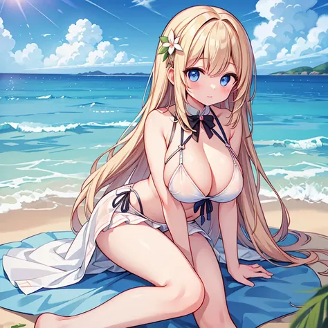 (masterpiece,best quality, detailed,hires:1.4),1girl,16yo,(solo:1.4),on the beach,sea,fine sky,day,all fours,BREAK,detailed long hair,detailed face,detailed shining eyes,bloom,glowing,shine skin,white super small micro bikini,(huge breasts:1.4),(cleavage,u...