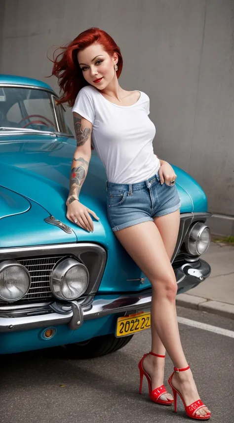 beautiful young redhead, long legs, standing, full body, full view from head to toe, exuberant, dressed in tight red t-shirt, short denim shorts, high stiletto heel sandals, very sexy, pinup, full body. leaning over a vintage car hood. Artistic tattoos on ...