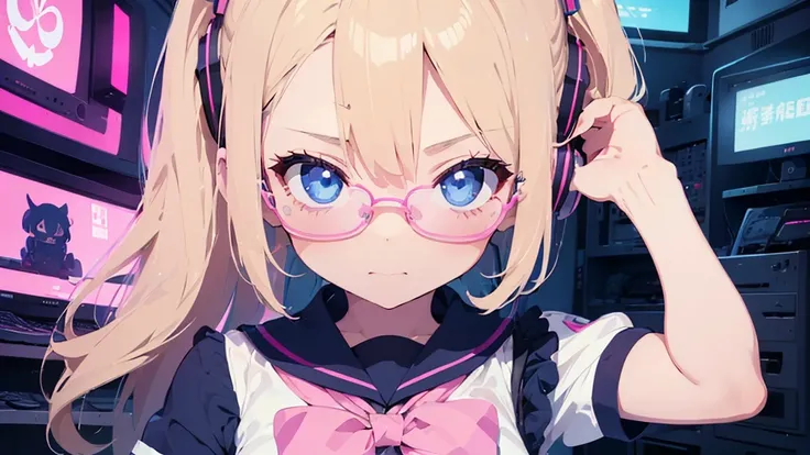 (petite girl, blonde hair, blue eyes, sailor suit, glasses, headphone, kawaii), (pink cyberpunk, room with big monitors, pink neon), (low contrast, flat color, limited palette)