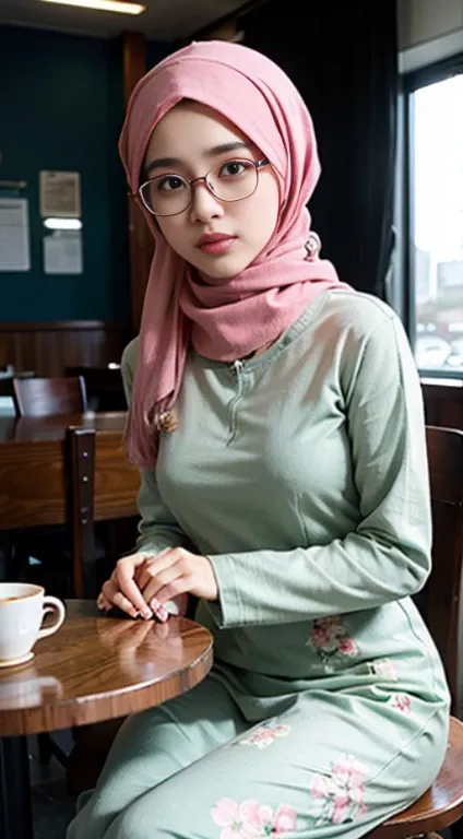 A photo of a young, nerdy malay woman in hijab sitting in a starbuck cafe with 1 malay men in office suit standing behind, woman wearing pastel floral pattern baju kurung, surrounded by a cozy atmosphere, cool ambient, looking at the viewer. (Detail skin:1...