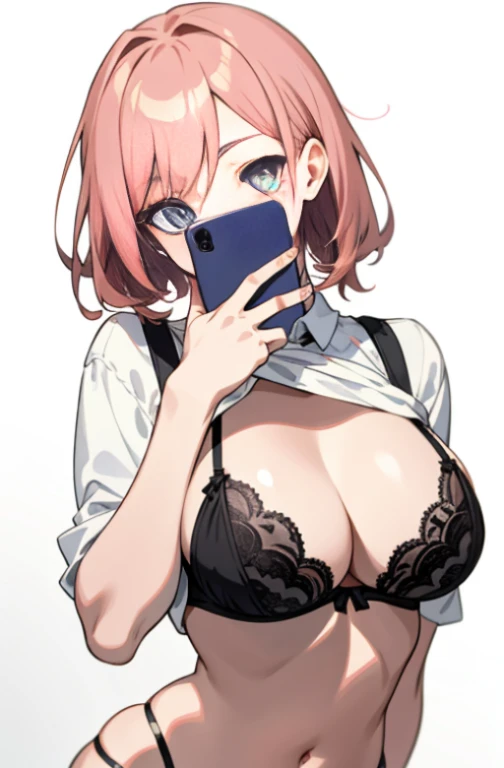 Anime girl in lingerie takes selfie with mobile phone,, wearing bra, mobile phone in front of covering face, one hand on own chest, lifted by self, shirt lift, white background, head out of frame, white background,
