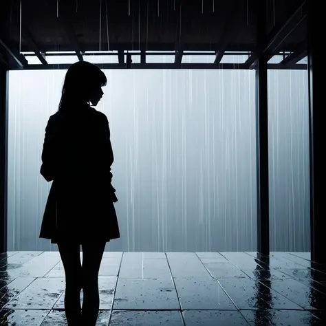 Rain, sad girl, silhouette