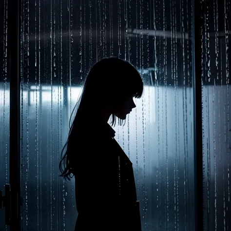 Rain, sad girl, silhouette