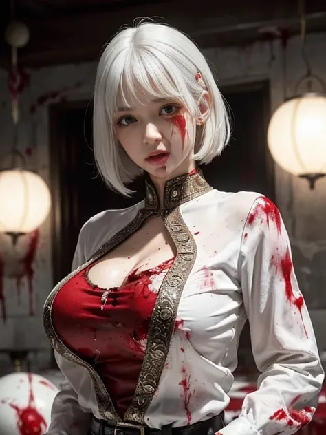 8k, masterpiece, (huge tits:1.2), beautiful face, brown eyes,solo girl, ,blunt bangs, model style, (blouse with blood:1.2),(detailed blood:1.5), (blood on body:1.5), (white hair:1.2), bob hair, (concrete room with many metal balls floating in the air), 