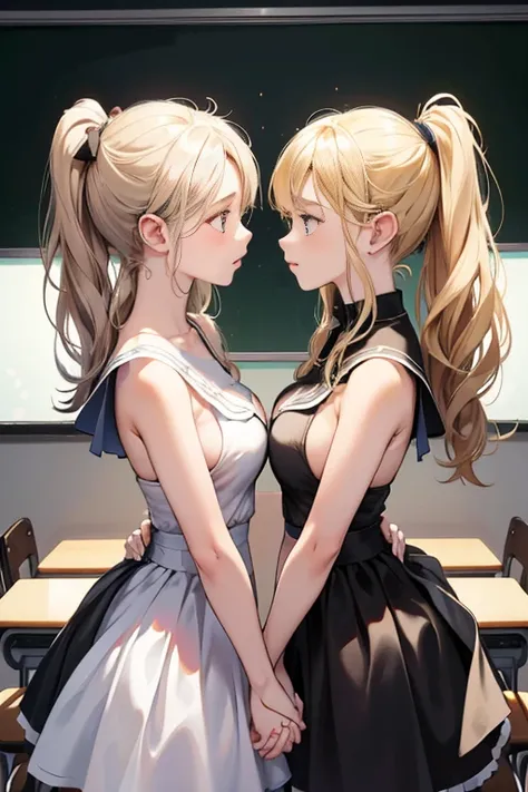 Two teenage girls，angry look，equivalent height，In the classroom，black and blonde hair，Facing each other and staring，hug each other，The two bodies are close to each other，kiss、Picture of two people、Holding hands and facing each other、Photograph of two peopl...