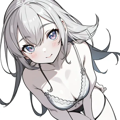 (((head out of frame))), Anime girl in lingerie takes selfie with mobile phone,, wearing bra, one hand on own chest, lifted by self, white background, white background, fashionable and trendy atmosphere, Revealing clothes, feet out of frame, white skin, an...