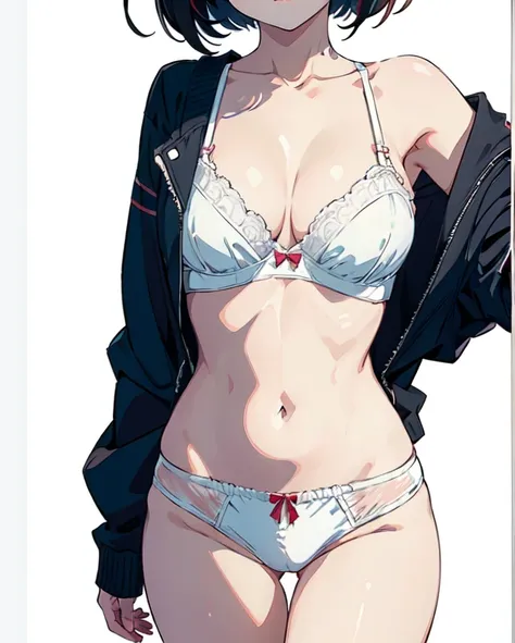 (((head out of frame))), Anime girl in lingerie takes selfie with mobile phone,, wearing bra, one hand on own chest, lifted by self, white background, white background, fashionable and trendy atmosphere, Revealing clothes, feet out of frame, white skin, an...