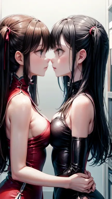 Two teenage girls，angry look，equivalent height，In the classroom，black and blonde hair，Facing each other and staring，hug each other，The two bodies are close to each other，kiss、Picture of two people、Holding hands and facing each other、Photograph of two peopl...