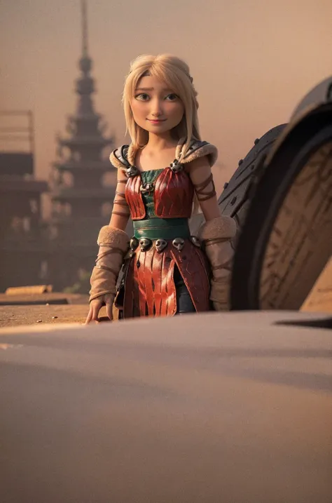 (masterpiece, best quality:1.2), cowboy shot, solo, 1girl, astrid hofferson, smile, closed mouth, looking at viewer, hand on hip, headband, armor, shoulder armor, pants, legs crossed