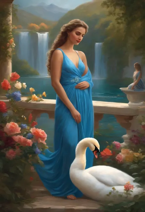 Painting of a beautiful woman, a true Goddess of beauty, half-naked, in light, flowing blue clothes, hugging a white swan, in the background a garden with a lake and waterfalls, colorful flowers and Greek columns