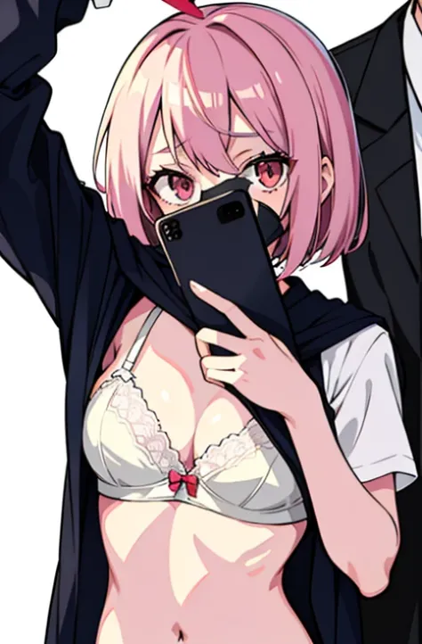 (((head out of frame))), Anime girl in lingerie takes selfie with mobile phone,, wearing bra, mobile phone in front of covering face, one hand on own chest, lifted by self, shirt lift, white background, head out of frame, white background, navel,
