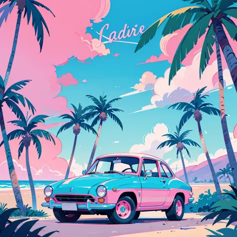 seaside, pink sky, palm tree, blue classic car, blue and pink neon