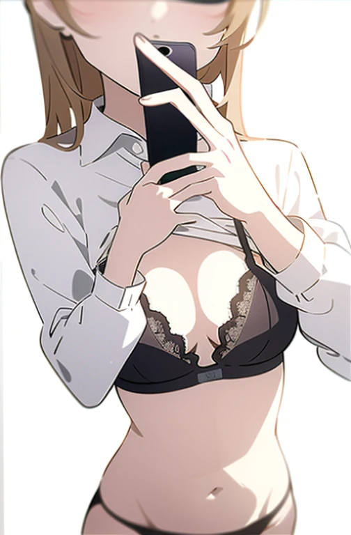 Anime girl in lingerie takes selfie with mobile phone,, wearing bra, mobile phone in front of covering face, one hand on own chest, lifted by self, shirt lift, white background, head out of frame, white background, navel,
