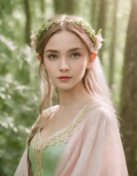 (A lovely child), Elf princess in the forest, pointed ears, Light pink and light green style, anime aesthetics, detailed clothing, Can&#39;t believe how beautiful this  , real technology, birds and flowers, Light gold and green, Upper body