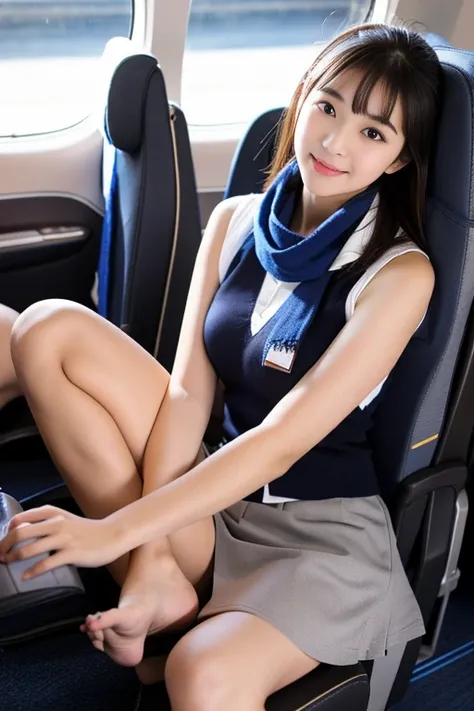 ((highest quality)), ((masterpiece)), Real Beautiful Girl、Training of new flight attendants、short tight mini skirt、sit with one&#39;s kneeit row seats、scarf、front horizontal angle、shoeeautiful thigheautiful small breasts