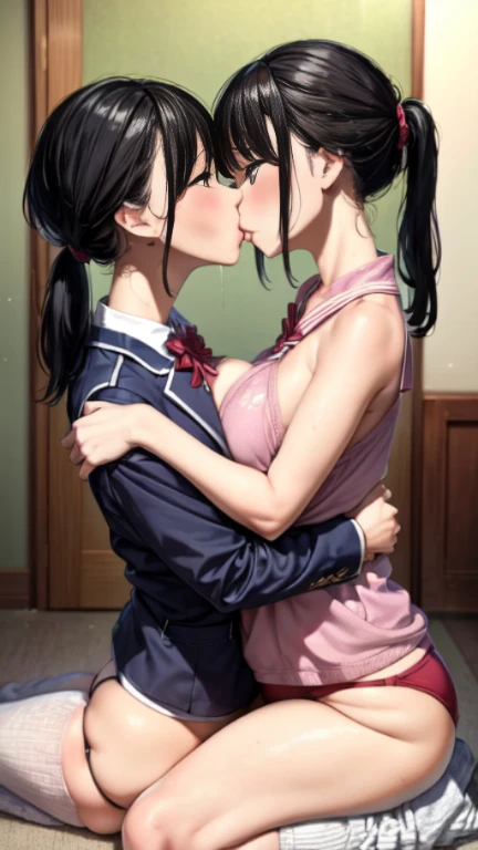 Two teenage girls，angry look，equivalent height，In the classroom，black hair ponytail，Facing each other and staring，hug each other，The two bodies are close to each other，kiss、Picture of two people、Holding hands and facing each other、Photograph of two people ...