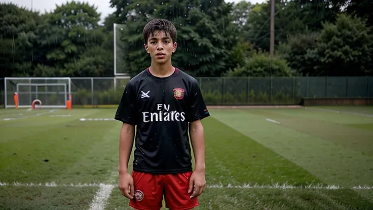 An 18-year-old boy, adorned in a vibrant Arsenal football kit, stands on a rain-soaked 3D training field. His focused expression reflects determination as he holds a glistening football in his hands. The droplets of rain create a dynamic atmosphere, captur...