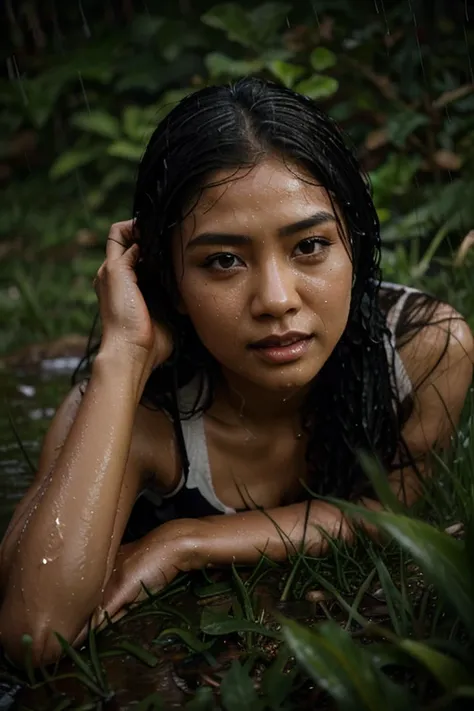 a young malay woman under (rain:1. 5) lying on his back in the (wet high grass:1. 5), (wet face:1. 5), rainy drops, infinite solitude, dusty atmosphere, loneliness, ray tracing, elegant, intricate, very inspirational, stunning, highly detailed, complex, sh...