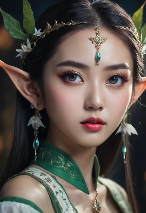 (best quality,4k,8k,highres,masterpiece:1.2),ultra-detailed,realistic,portrait of asian Elf, pointed eyes, beautiful detailed eyes,beautiful detailed lips,extremely detailed eyes and face,long eyelashes,2girls,soft lighting,vibrant colors,pointed ears,fant...