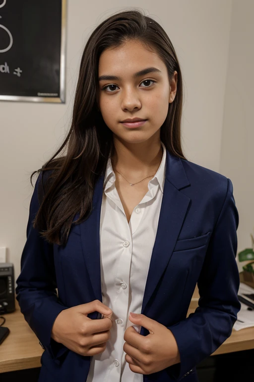 1 young teenager brazilian, 18 anos, pants suit,  blazer, white button up shirt, head shots, business professional, elegante, office work