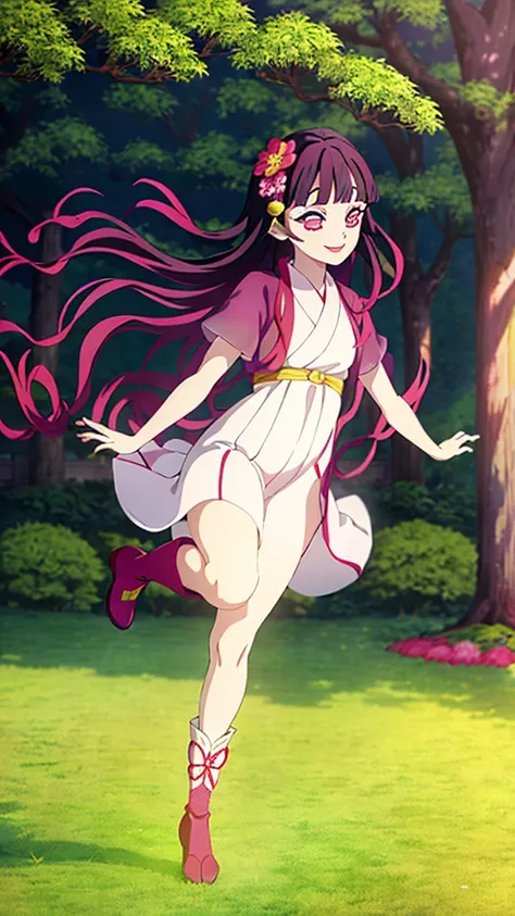 kimetsu no yaiba style, 1girl, flower kanzashi, pink traditional dancer outfit, obi sash, long dress, Magenta Boots, solo, red eyes, flowing hair, smile, blue hair, outdoors, bangs, tree, anime coloring, ((masterpiece))