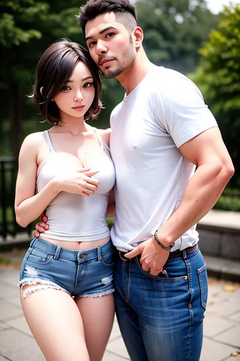 medium size photo of a man with short hair, jeans, t-shirt, with a woman in a white kebaya posing for a photo, braided hair, seductive, seductive photo, attractive beautiful woman, cool handsome man, attractive woman,, woman in real life, woman perfect , h...