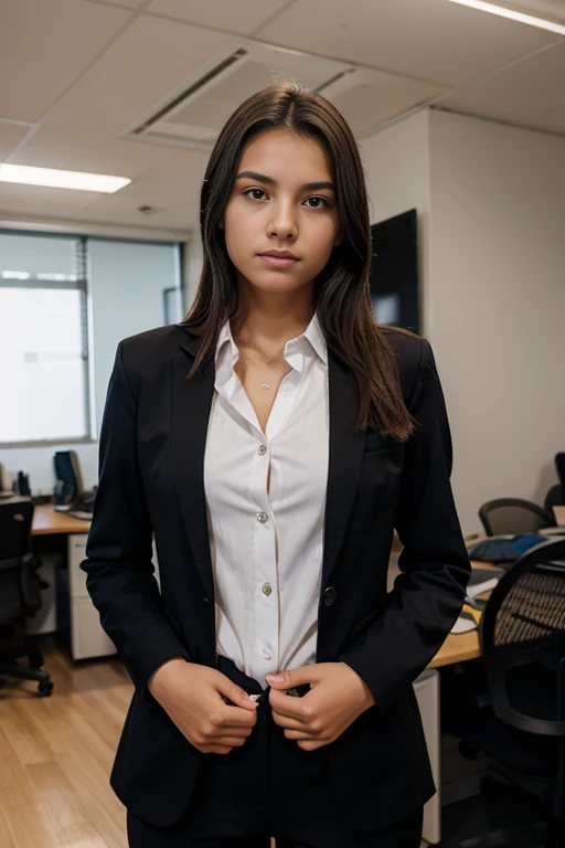 1 young teenager brazilian, 18 anos, pants suit,  blazer, button up shirt, head shots, business professional, elegante, office work