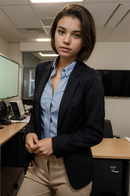 1 young teenager brazilian, 21 anos, pants suit,  blazer, button up shirt, head shots, business professional, elegante, office work, short hair, natural lightning