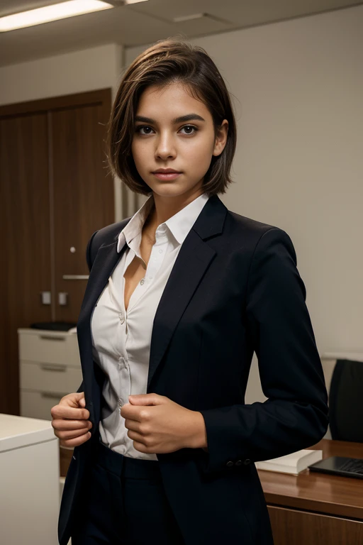 1 young teenager brazilian, 21 anos, pants suit,  blazer, button up shirt, head shots, business professional, elegante, office work, short hair, natural lightning