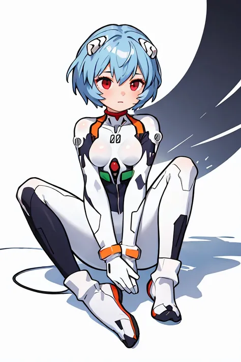 (masterpiece, highest quality), 1 girl, beautiful face, beautiful body,  ayanami_king, plug suit, body suit, interface headset, white body suit,whole body