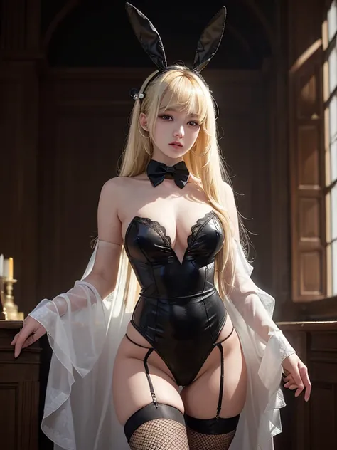 masterpiece, highest quality, (focus only), (perfect face:1.1), (high detail:1.1), (highly detailed eyes), (white skin), random hairstyle, blonde hair, Black bunny suit, Fishnet tights, garter belt, young woman, high school girl, big breasts, rabbit ear ba...