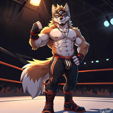 glistening, glistening body, shiny, glistening fur, mammal, canine, canid, canis, wolf, solo, anthro, male, nipples, navel, athletic, abs, pecs, (wrestler, wrestler outfit, wrestler gloves, wrestler boots, (wrestler mask)), standing, flexing, smile, confid...