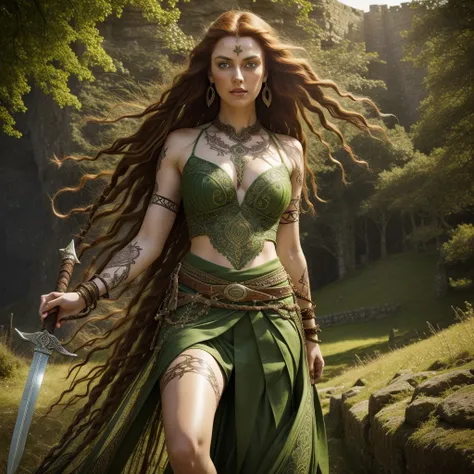 32k, extremely large and refined luminous green eyes, intricate patterns, ultra realistic details, beautiful ancient celtic female warrior, elaborate long braided red hair, ornaments in hair, floating, windy, messy hair, celtic pattern dress, tribal tattoo...