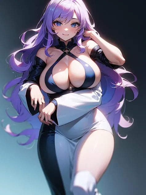 ((I want a woman alone, curvy and beautiful body, light blue eyes and light purple wavy hair, sharp look, smile on her face and wearing a beautiful dress))