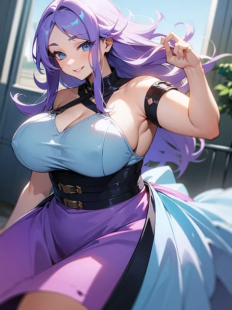 ((I want a woman alone, curvy and beautiful body, light blue eyes and light purple wavy hair without bangs, sharp look, smile on her face and wearing a beautiful dress))