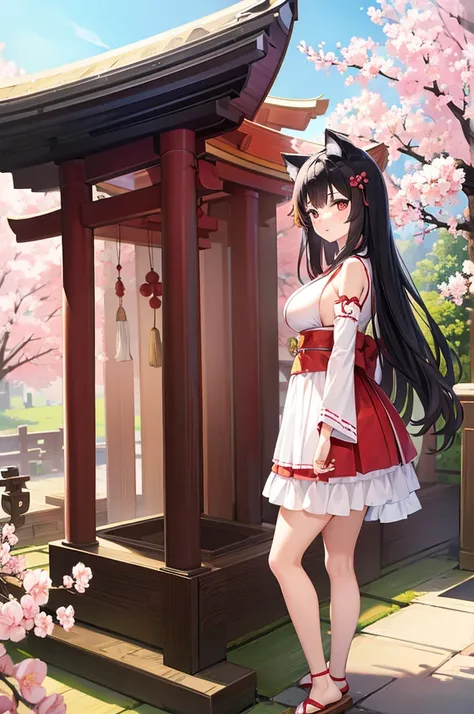 cat ears big breasts princess cherry blossom shrine maiden shrine maiden costume black hair shrine