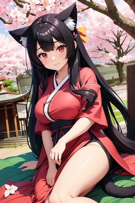 cat ears big breasts cherry blossoms shrine maiden black hair shrine lying on the futon　open