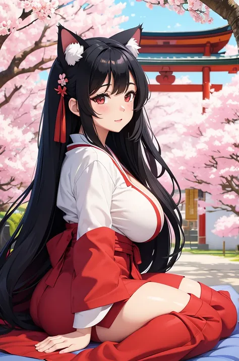 cat ears big breasts cherry blossoms shrine maiden black hair shrine lying on the futon　open